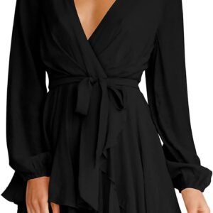 Women Dress Deep V-Neck Long Sleeve Waist Tie Ruffle Mini Swing Skater Dresses