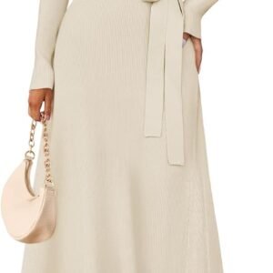 Women 2025 Spring Long Sleeve Crewneck Ribbed Knit High Waist Midi Sweater Dresses with Belt