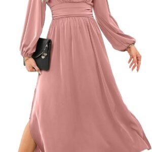 Women Wrap V-Neck Empire Waist Dress Lantern Sleeve Ruched Side Slit Elegant Maxi Dress