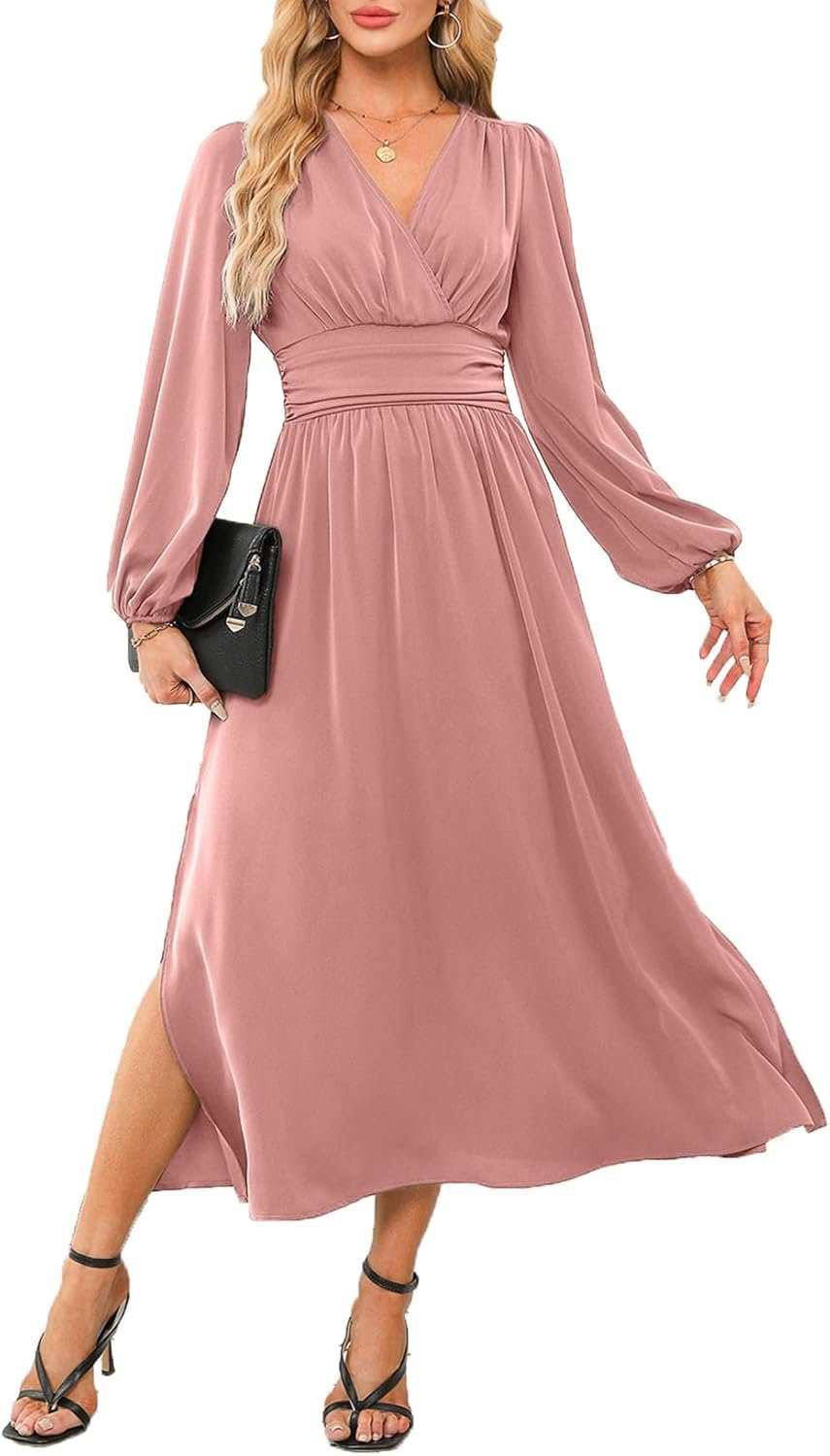 Women Wrap V-Neck Empire Waist Dress Lantern Sleeve Ruched Side Slit Elegant Maxi Dress