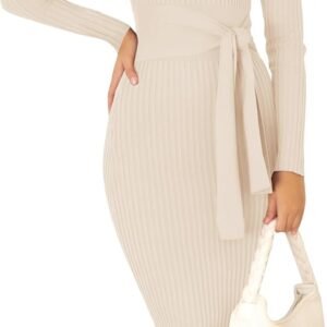 Women Spring Sweater Dress V Neck Long Sleeve Ribbed Knit Tie Waist Slim Fit Bodycon Midi Dresses