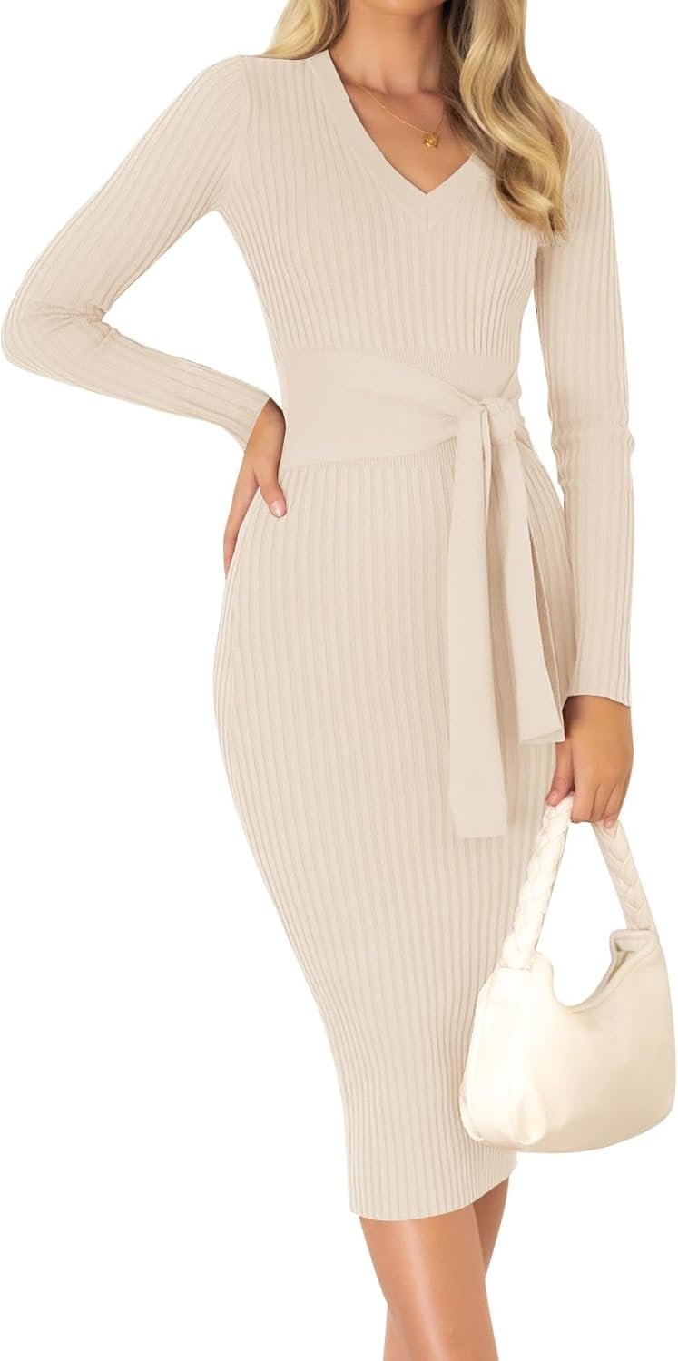 Women Spring Sweater Dress V Neck Long Sleeve Ribbed Knit Tie Waist Slim Fit Bodycon Midi Dresses