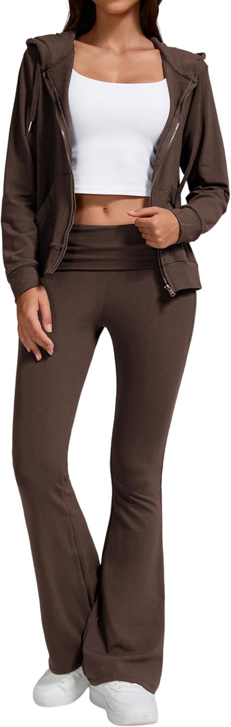 Women 2-Piece Lounge Outfit-Lightweight Zip-Up Hoodie with Pockets & Low Rise Flare Leggings Yoga Sweatsuit Set