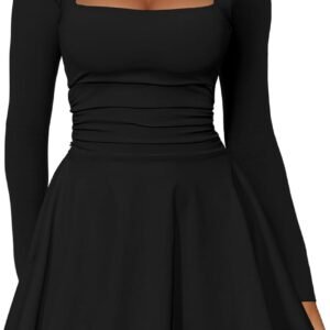 Women Square Neck Ruffle Hem Mini Dress Ruched Waist Long Sleeve Corset Short Party Dresses