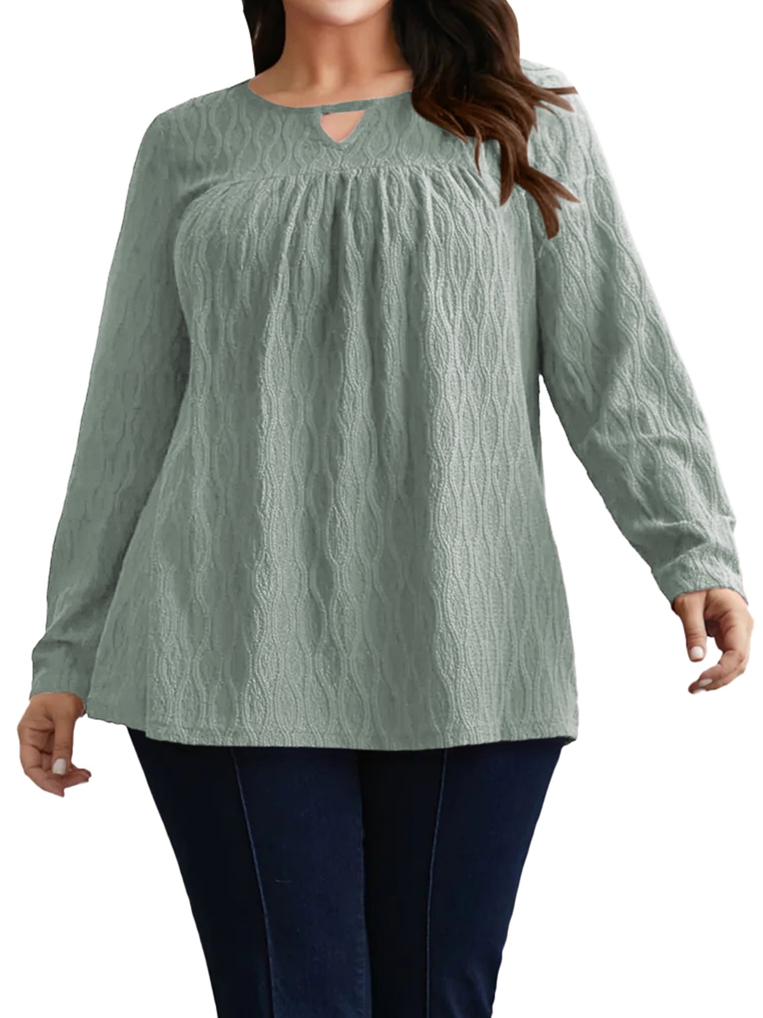 Women Plus Size Tops Long Sleeve Shirts V Neck Textured Keyhole Gathered Knit Tunic Loose Fall Blouses - Image 2