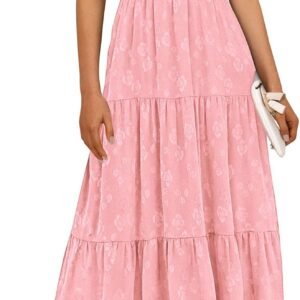 Women Summer Casual Midi Dresses Square Neck Short Sleeve Smocked A Line Floral Flowy Elegant Boho Dress