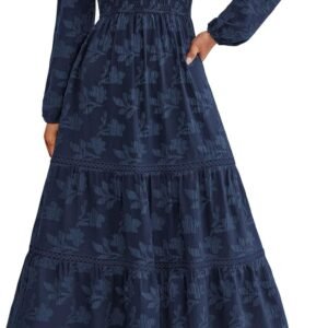 Women Spring Midi Dress Fall Elegant Long Sleeve Smocked Flowy Boho Floral Wedding Guest Party Dresses