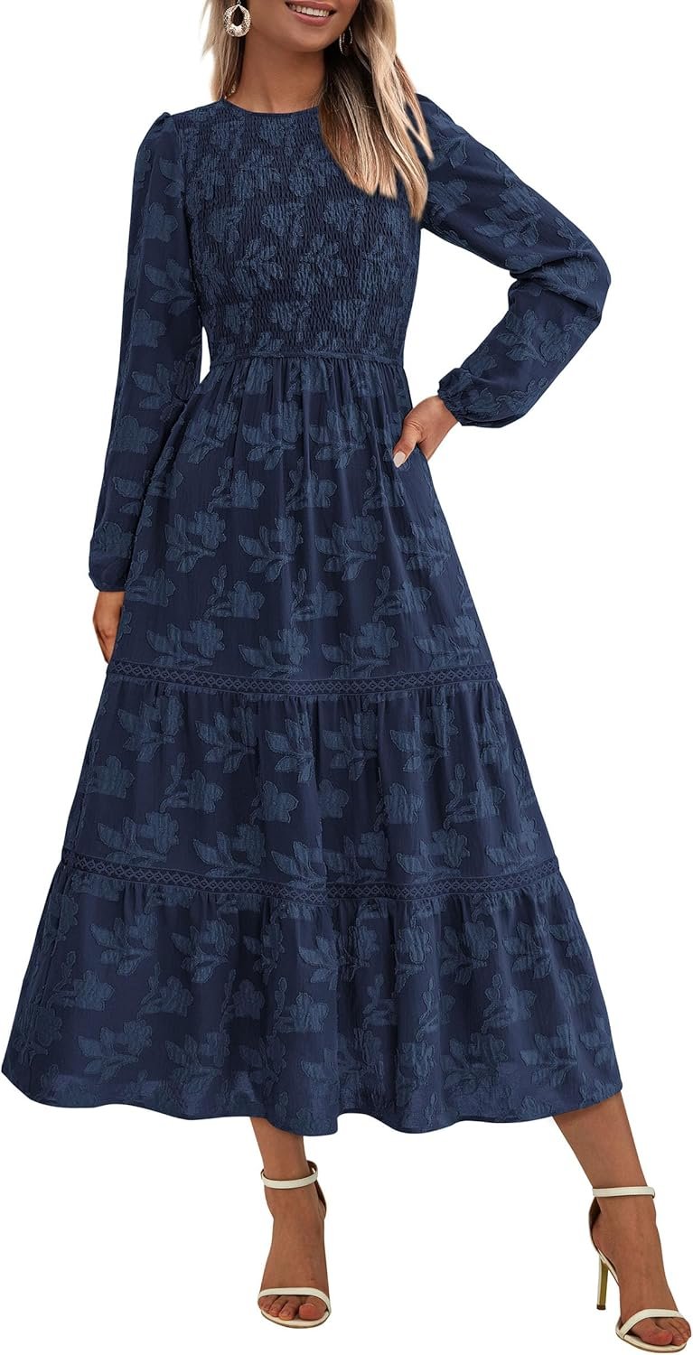 Women Spring Midi Dress Fall Elegant Long Sleeve Smocked Flowy Boho Floral Wedding Guest Party Dresses