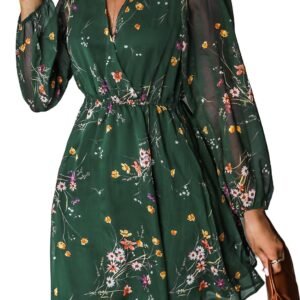 Women Mini Dresses Casual Spring V Neck Chiffon Long Peasant Sleeves Flowy Summer Dress