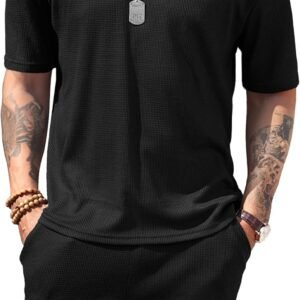 Men Short Sets 2 Pieces Outfits Waffle Knit Lounge Set Short Sleeve Summer Casual Tracksuit