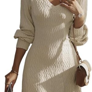 Work Dresses for Women 2025 Trendy Spring Dresses V Neck Knit A Line Long Sleeve Dress Sweater Dress
