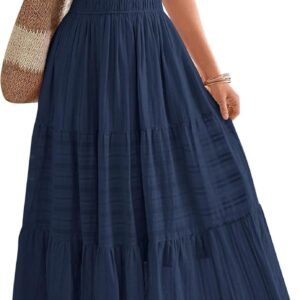 Women Summer 2025 Casual Midi Maxi Dresses Lightweight Short Sleeve V Neck Elastic Waist Boho Beach Dress Pockets