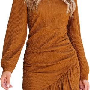 Women Knit Ruched Mini Fall Dress Smocked Ruffle Hem Crew Neck Long Sleeve Bodycon Casual Summer Autumn Dresses