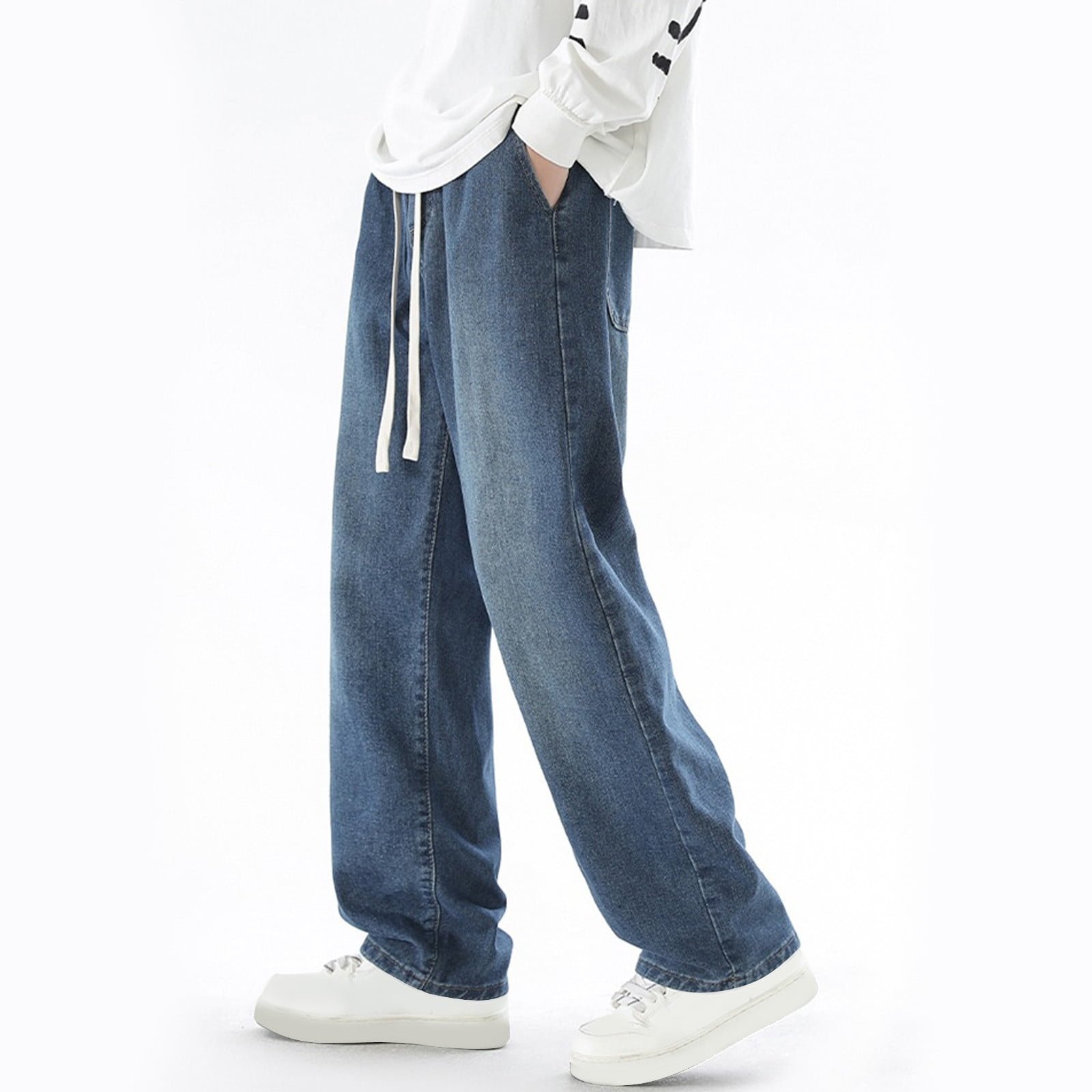 Baggy Jeans for Men Fall Streetwear Trendy Wide Leg Loose Fit Denim Pants Washed Elastic Waist Drawstring Jeans Big and Tall - Image 2
