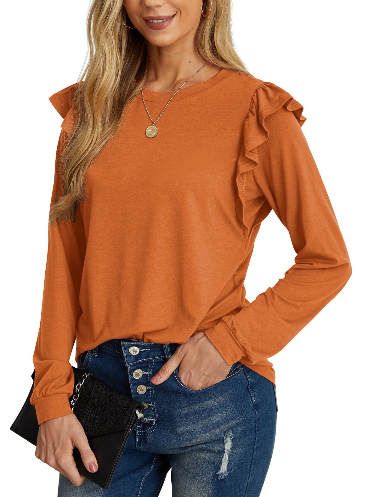 Long Sleeve Shirts for Women Knit Tops Casual Crewneck Ruffle Tops Loose Fit Caramel-Large - Image 2