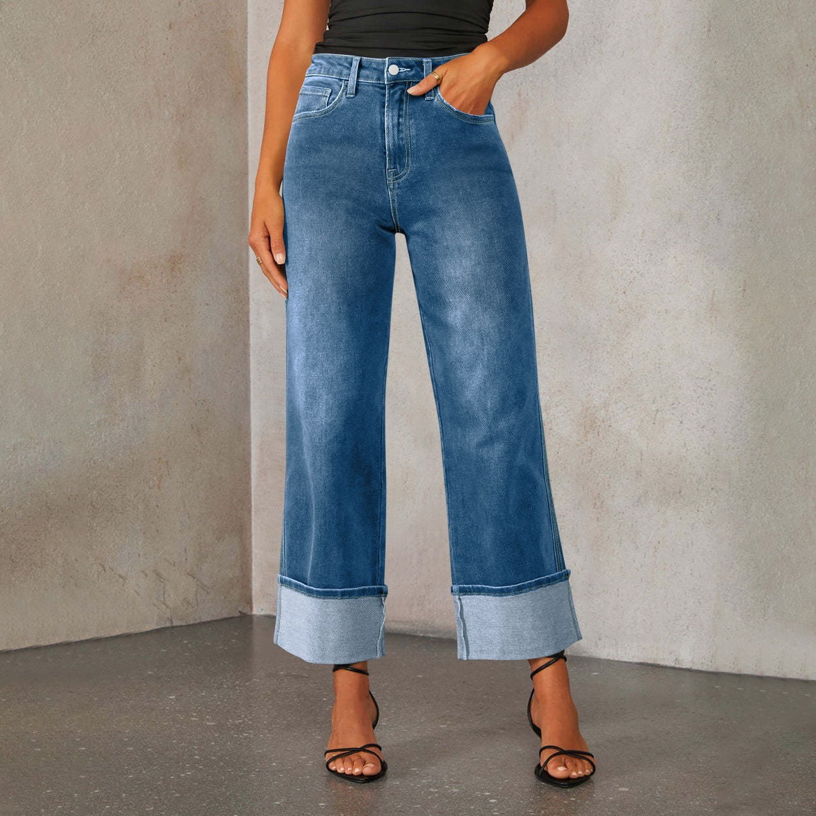 Wide Leg Jeans for Women Trendy High Waisted Flare Jeans Stretchy Straight Leg Cuffed Ankle Denim Pants with Pockets Dark Blue L - Image 2