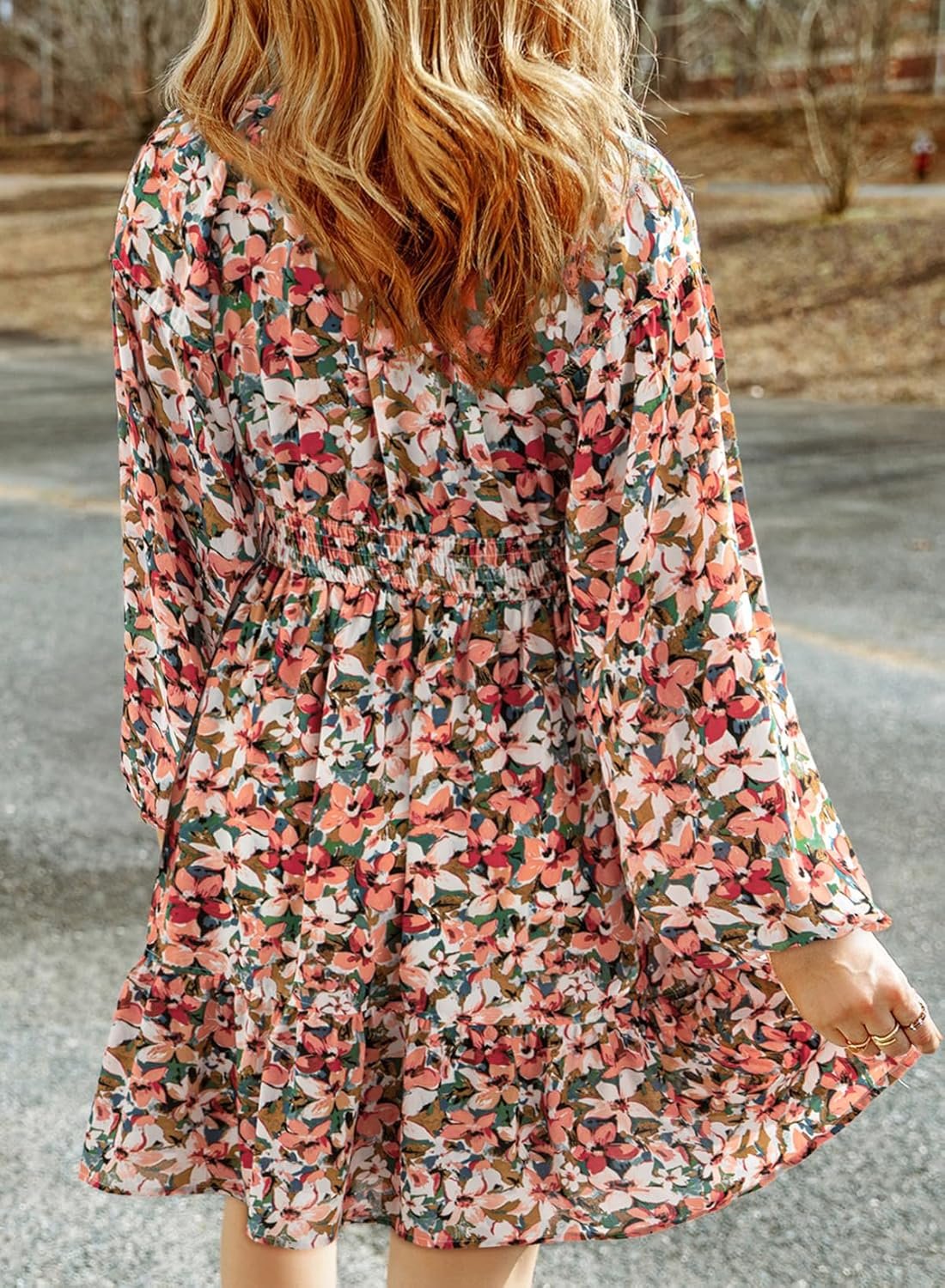 Women Dresses 2025 Boho Floral V Neck Long Sleeve Smocked Elastic Waist Casual A-Line Swing Mini Dress Sundress - Image 2