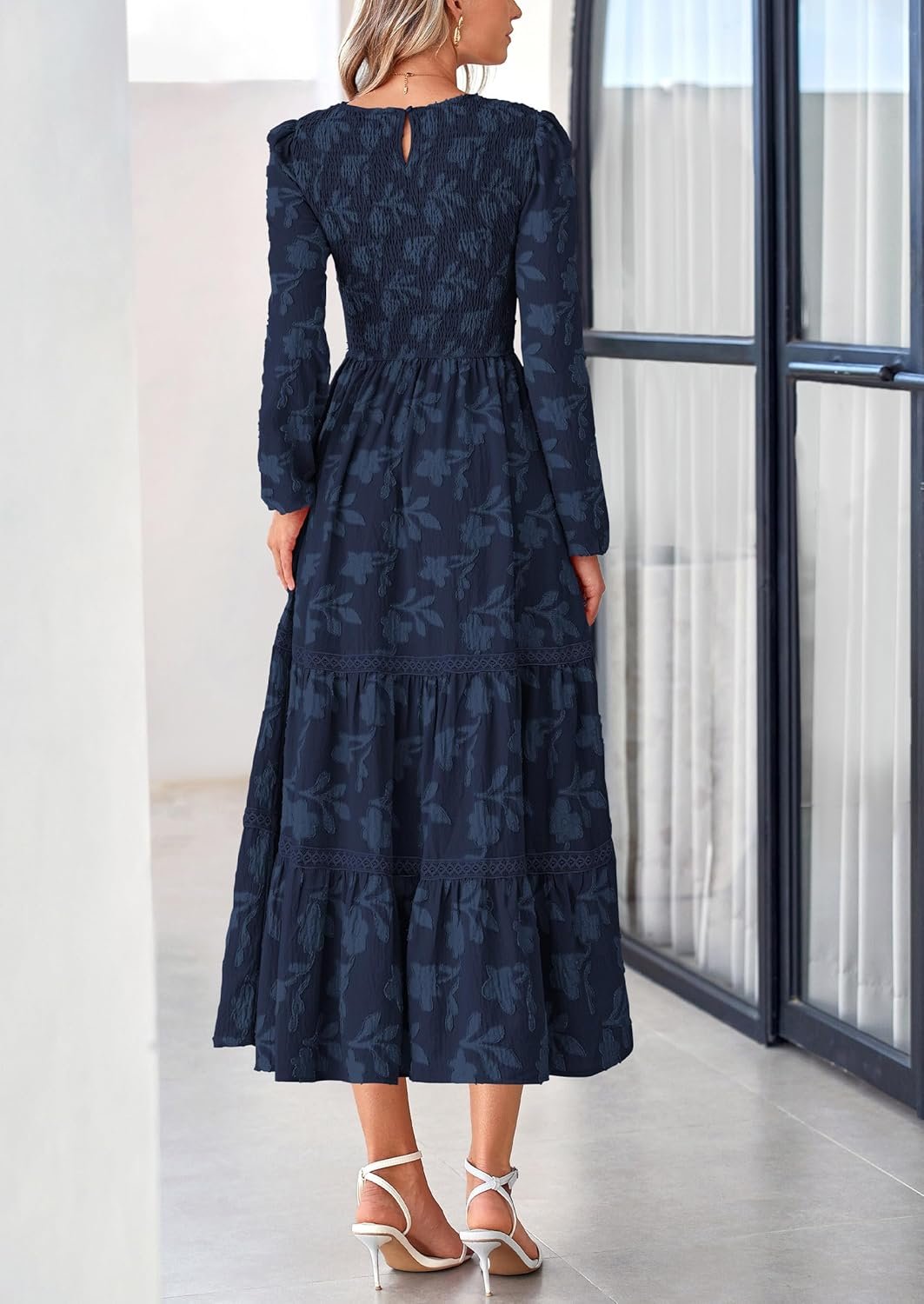 Women Spring Midi Dress Fall Elegant Long Sleeve Smocked Flowy Boho Floral Wedding Guest Party Dresses - Image 2