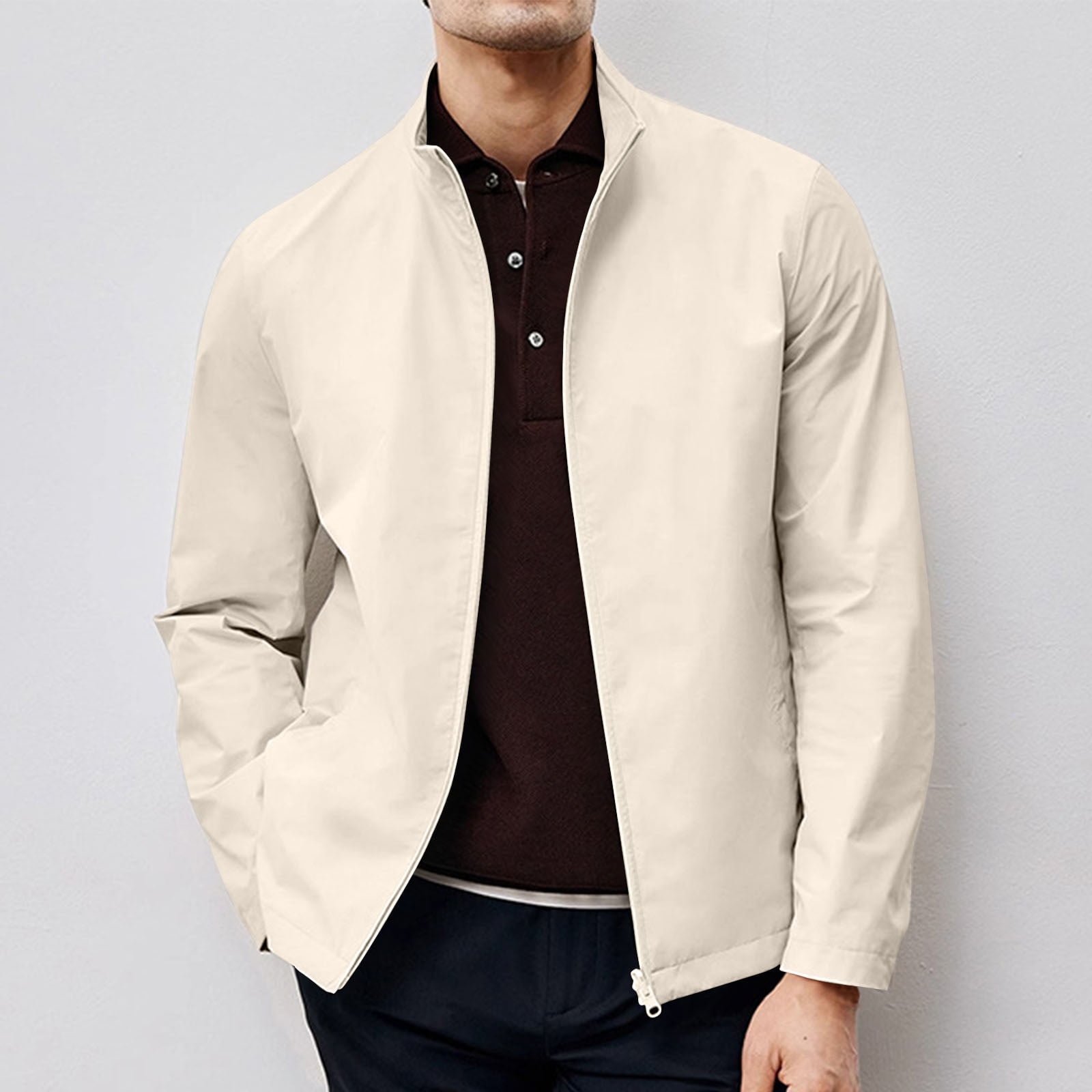 Men's Jacket Solid Color Stand Collar Zipper Pocket Long Sleeved Casual Coat (Beige,XL) - Image 2