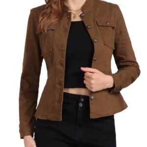 Women Denim Jacket Classic Stand Collar Long Sleeves with Pocket Jean Jacket XL Brown