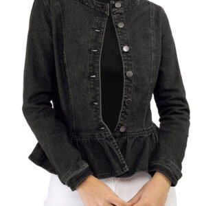 Women Denim Jacket Button Down Peplum Hem Long Sleeves Cropped Washed Jean Jacket L Black 1