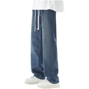 Baggy Jeans for Men Fall Streetwear Trendy Wide Leg Loose Fit Denim Pants Washed Elastic Waist Drawstring Jeans Big and Tall