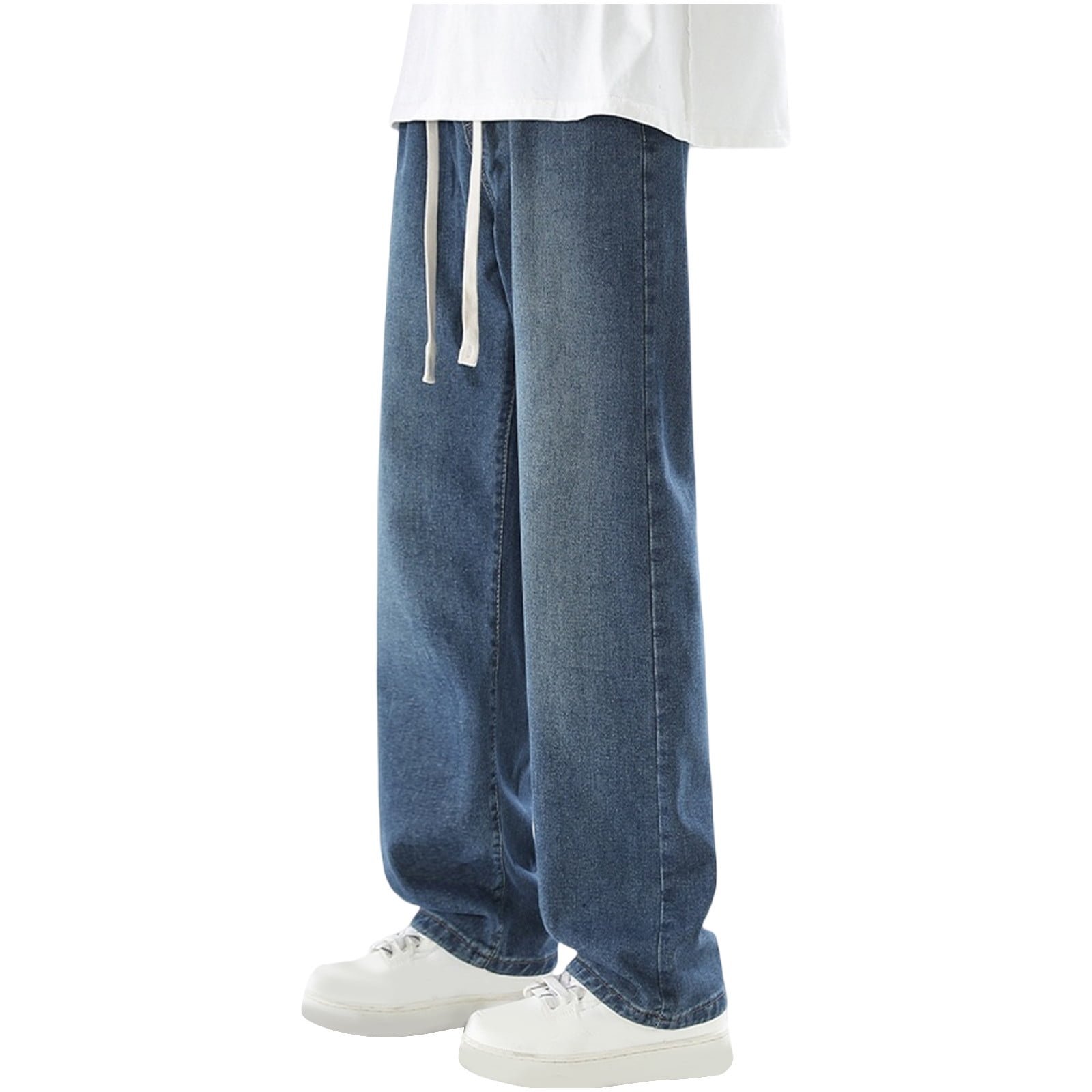 Baggy Jeans for Men Fall Streetwear Trendy Wide Leg Loose Fit Denim Pants Washed Elastic Waist Drawstring Jeans Big and Tall