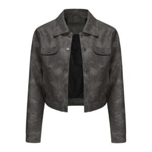 Women Faux Leather Jacket Cropped Denim Jacket Button Up Short Sleeve Outwear Gray 12