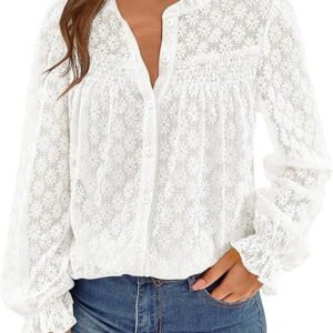 Lace Long Sleeve Tops for Women Eyelet Blouses Dressy Casual Hollow Out Button Down Shirts Spring Fashion