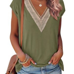 Lace Women Blouses Cap Sleeve V Neck T Shirts for Women Summer Casual Tops