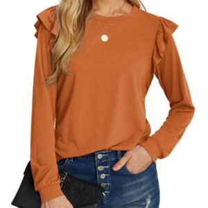 Long Sleeve Shirts for Women Knit Tops Casual Crewneck Ruffle Tops Loose Fit Caramel-Large