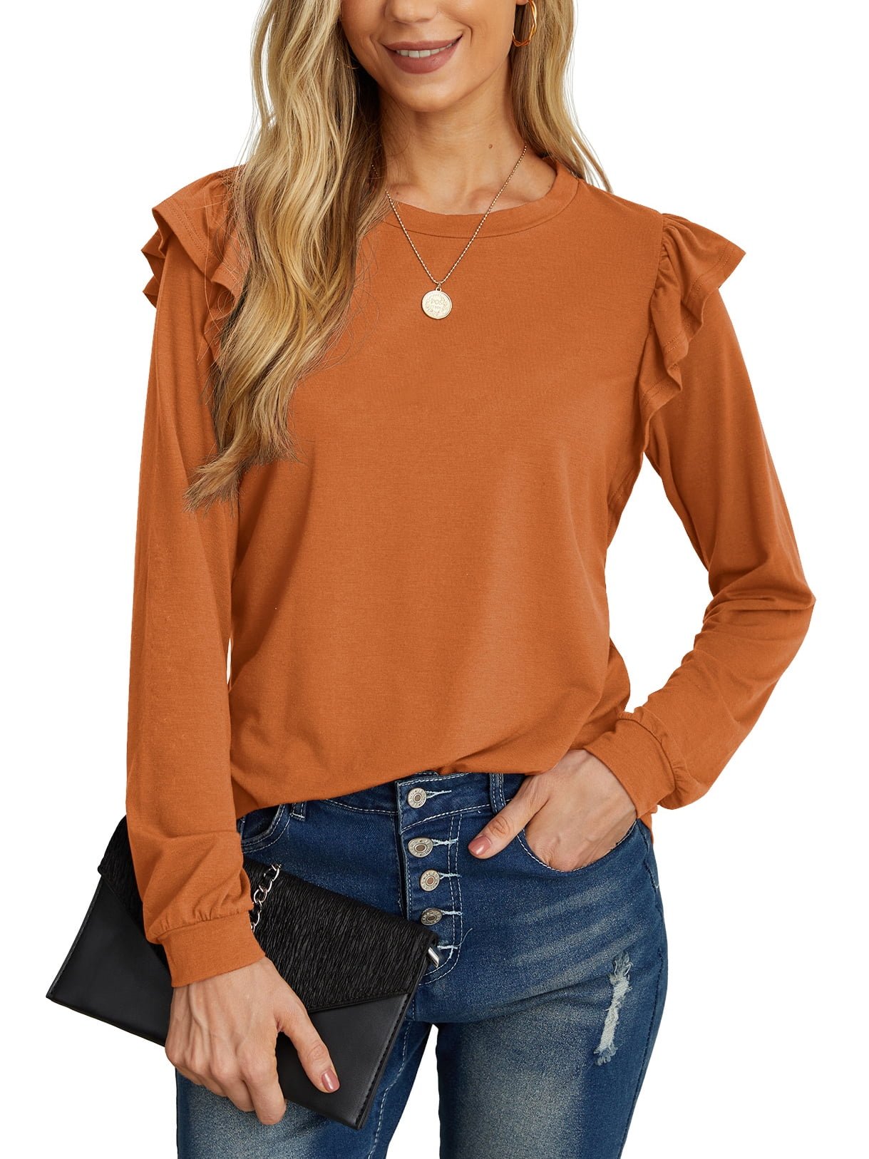 Long Sleeve Shirts for Women Knit Tops Casual Crewneck Ruffle Tops Loose Fit Caramel-Large