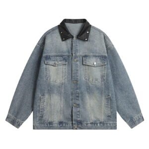 Men's Classic Denim Jacket Men's Washed Denim Jacket With Leather Collar Loose Fit Casual Coat For Fall Fashion Outerwear Blue XL