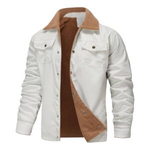 Men's Fashion Casual Fleece Lined Jacket Coat Gentleman Long Sleeve Pocket Button Lapel Coat Hoodless Tops Clothes White