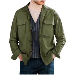 Men's Jacket Lapel Leisure Solid Color Button Long Sleeves Coat Pocket (Olive Green,XL)