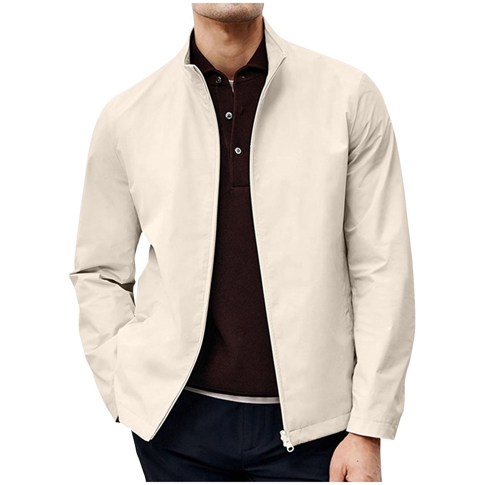 Men's Jacket Solid Color Stand Collar Zipper Pocket Long Sleeved Casual Coat (Beige,XL)