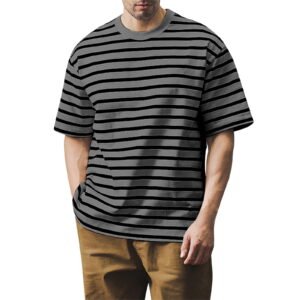 Men's Loose T-Shirts Trendy Casual Striped Round Neck Short Sleeve Basic Tees 2025 Black XL