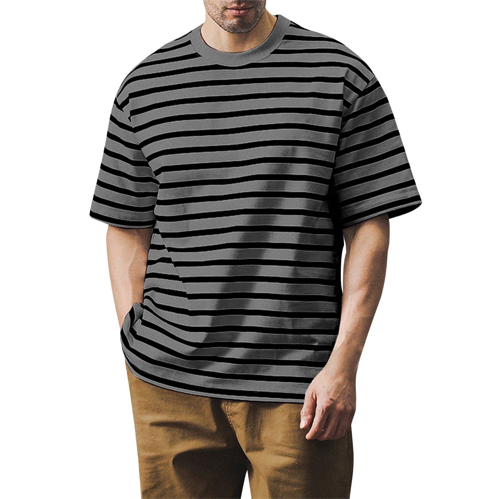 Men's Loose T-Shirts Trendy Casual Striped Round Neck Short Sleeve Basic Tees 2025 Black XL