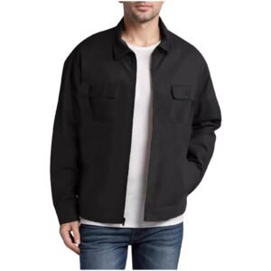 Men's Relaxed Fit Zipped Button Pocket Utility Jacket Gentleman Casual Long Sleeve Hoodless Coat Outwear Black