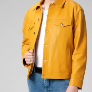 Men's Slim Fit Yellow Denim Trucker Lambskin Leather Jacket Shirt Style Party Wear Jacket
