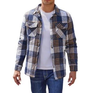 Mens Leather Jacket Casual Plaid Quilted Thermal Flannel Stand Collar Oversized Denim Jacket Men,Blue,2XL