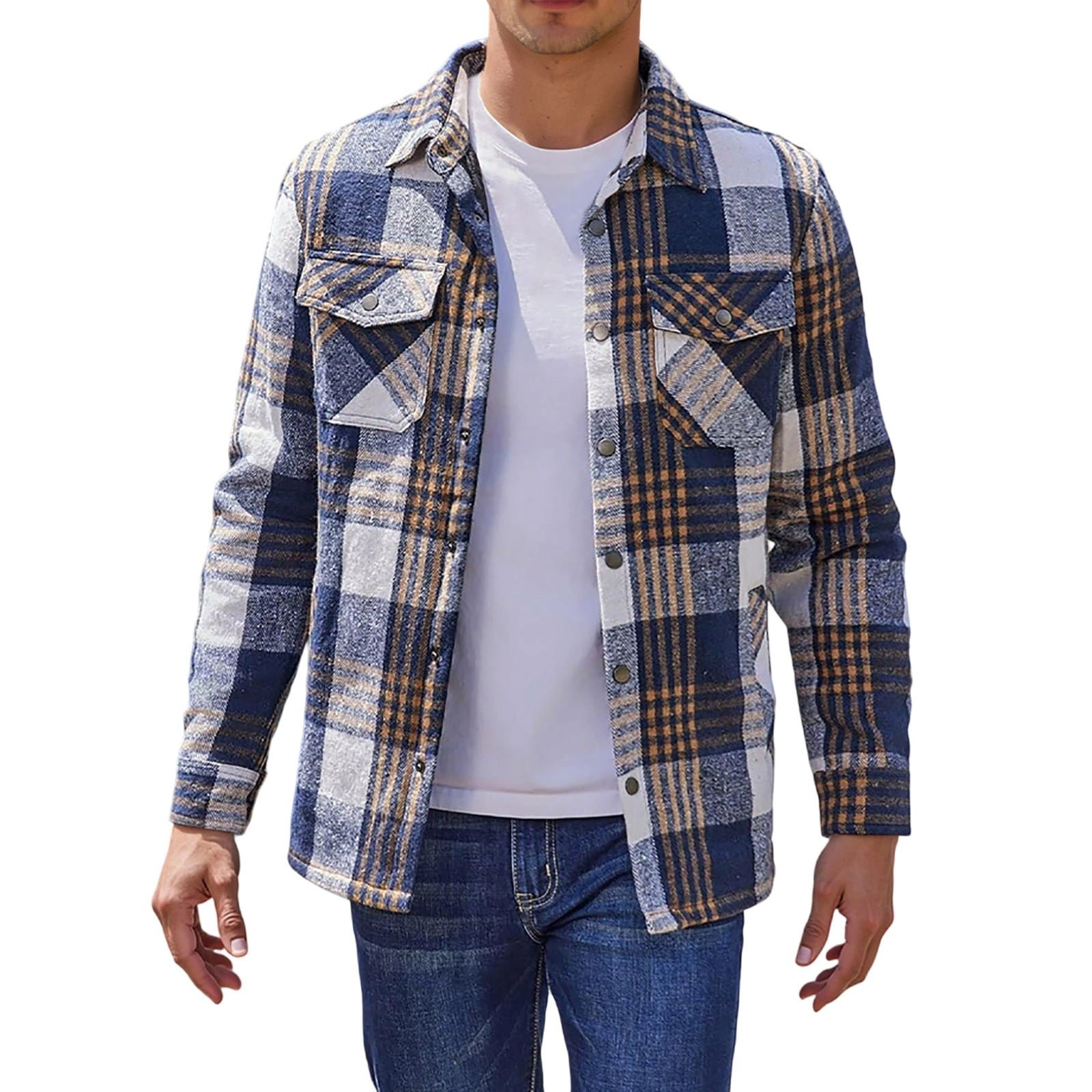 Mens Leather Jacket Casual Plaid Quilted Thermal Flannel Stand Collar Oversized Denim Jacket Men,Blue,2XL