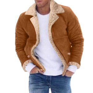 Mens Leather Jacket Plus Size Lapel Long Sleeve Padded Thicken Sheepskin Zipper Oversized Denim Jacket Women,Khaki,L