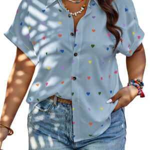Woman Blouse Plus Size Short Sleeve Casual Tops Heart Print Button Down Shirts For Women
