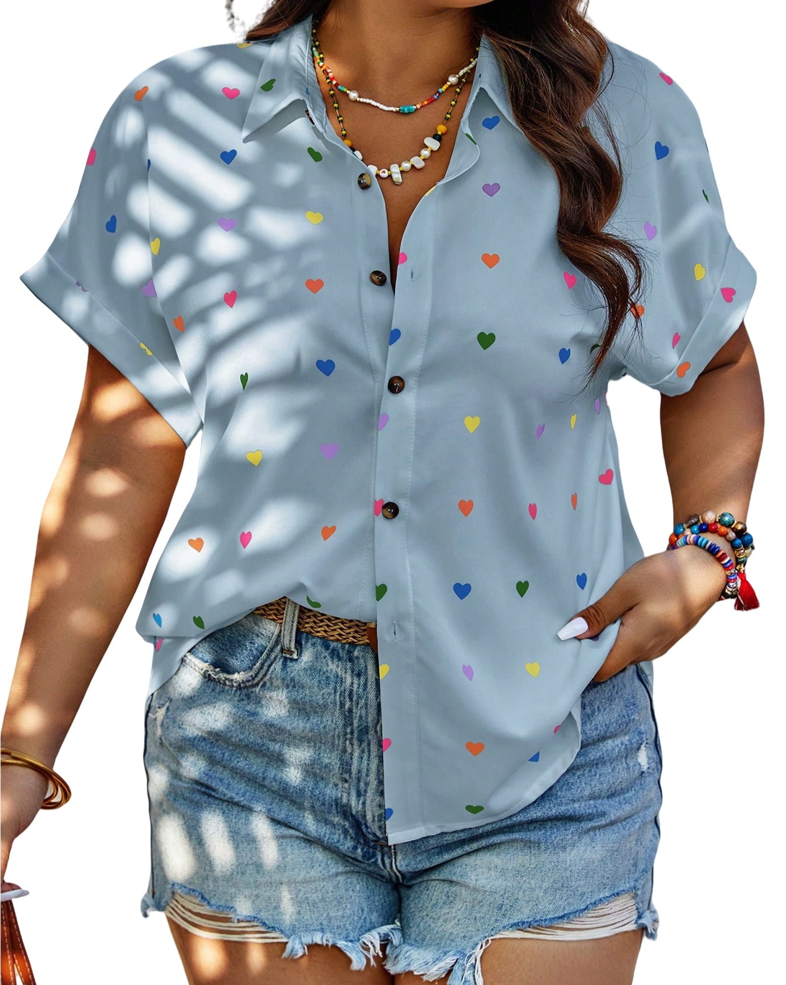 Woman Blouse Plus Size Short Sleeve Casual Tops Heart Print Button Down Shirts For Women
