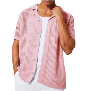 Short Sleeve Mens Shirt Button Down Knitted Solid Crochet Shirts Trendy Mens Tops M