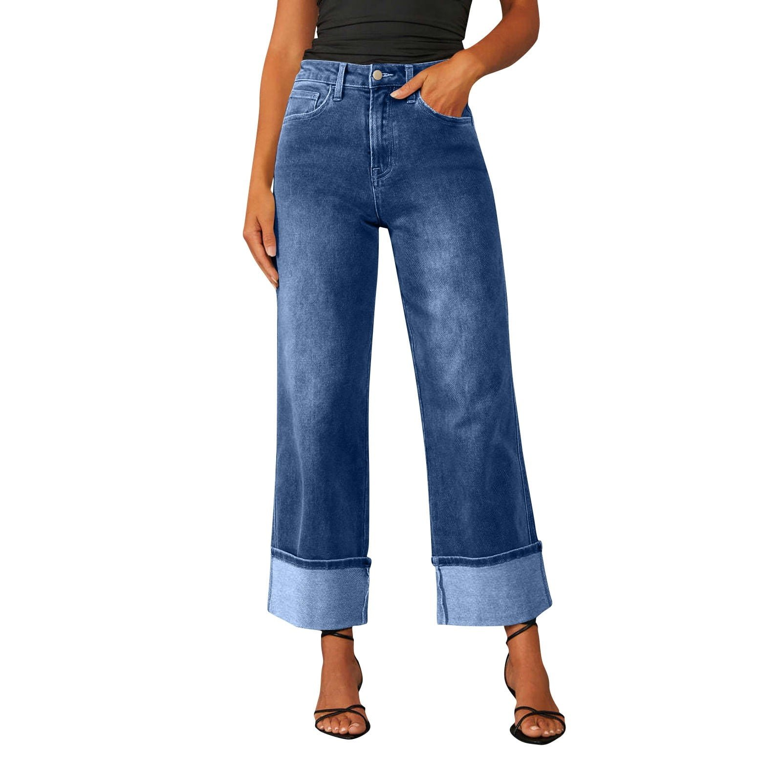 Wide Leg Jeans for Women Trendy High Waisted Flare Jeans Stretchy Straight Leg Cuffed Ankle Denim Pants with Pockets Dark Blue L