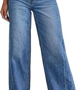 Wide Leg Jeans for Women Trendy High Waisted Stretchy Baggy Raw Hem Denim Palazzo Pants with Pockets