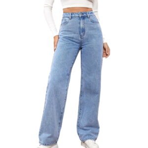 Wide Leg Pants Woman High Waisted Stretchy Straight Leg Jeans Loose Casual Trendy Denim Pants with Pockets Light Blue S
