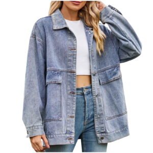 Women Long Sleeve Denim Jackets Baggy Loose Jean Trucker Coats Oversized Washed Jean Jackets with Pockets Blue M